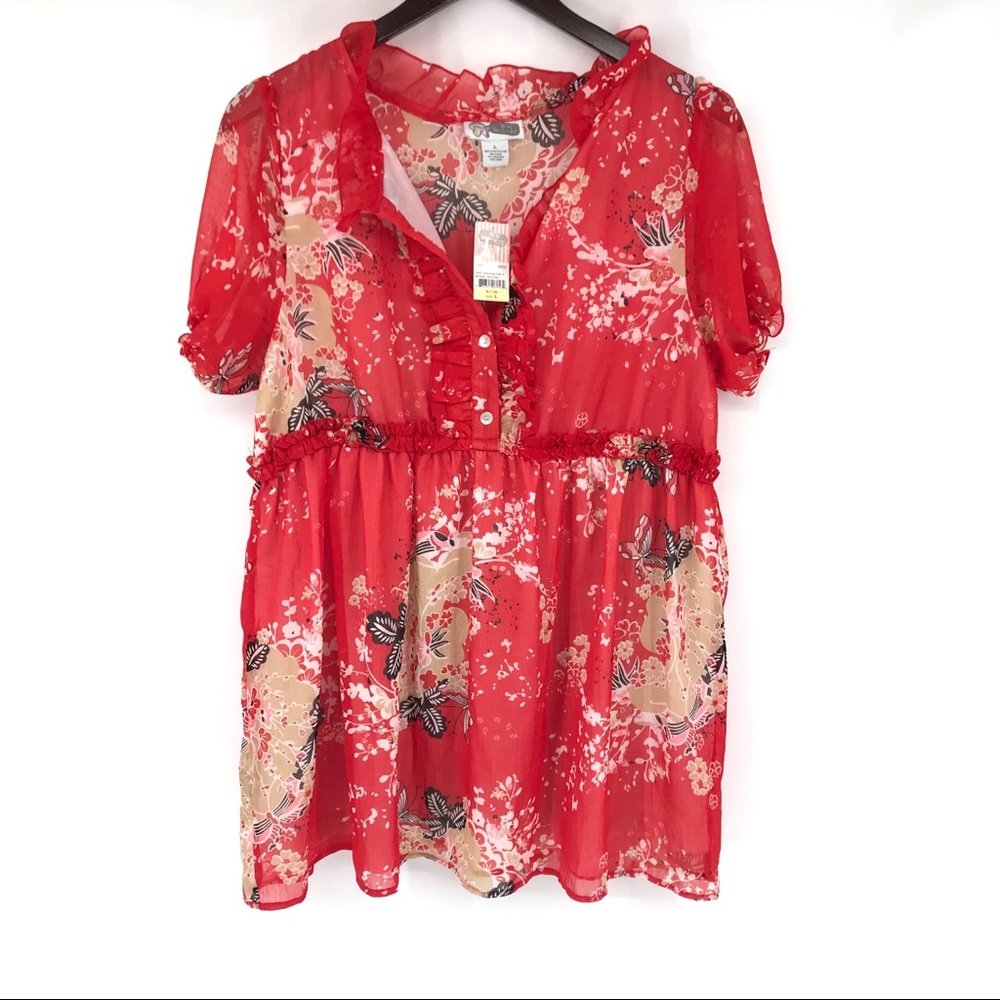 New Recruit red floral sheer lined blouse